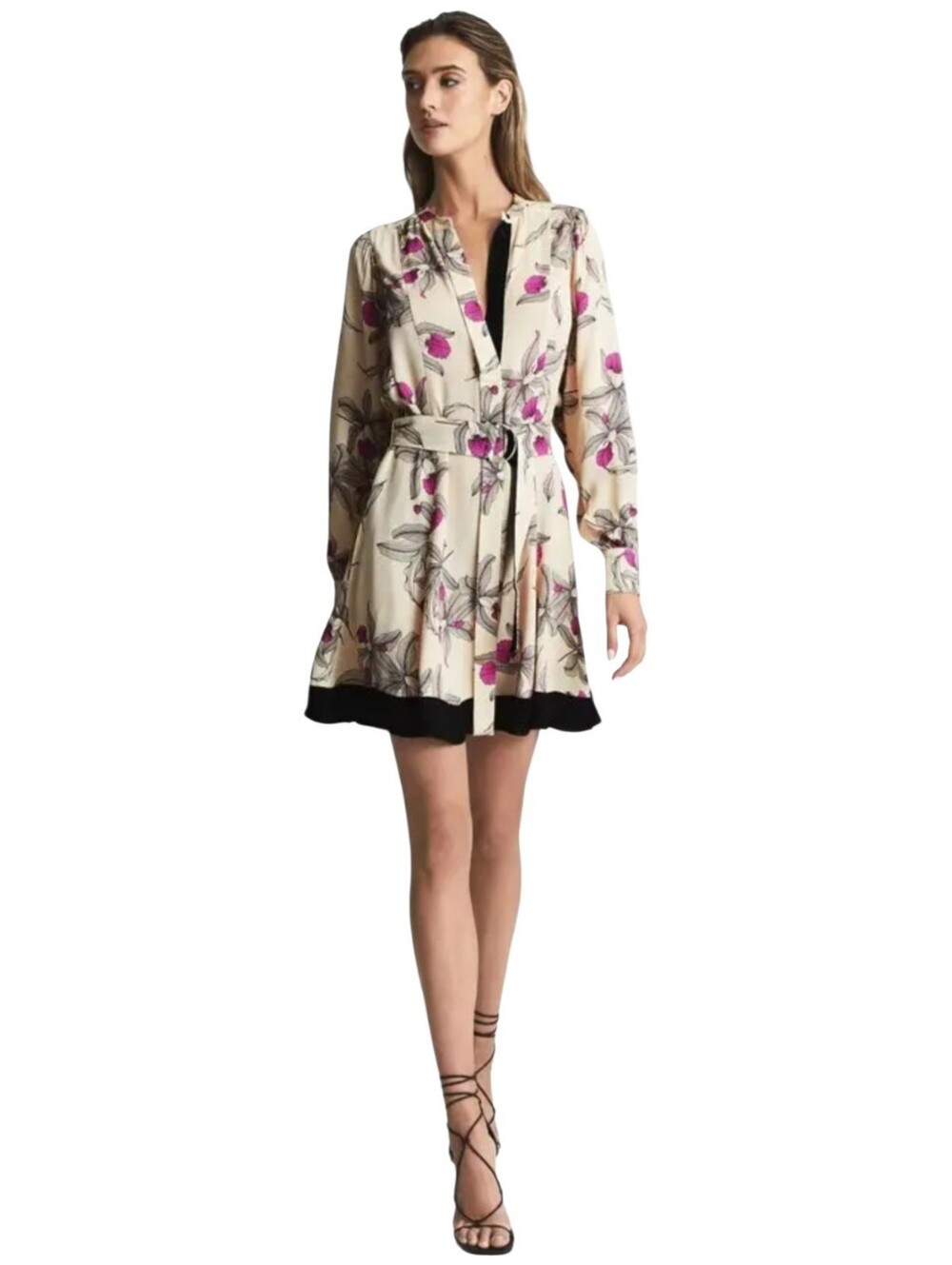 Reiss Zoe Cream Orchid Floral Chiffon Belted Shirt Dress Size 6
